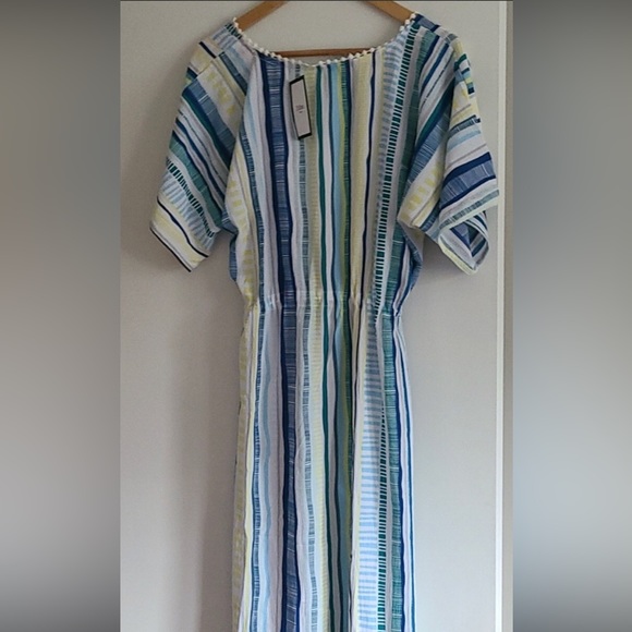 Striped Kimono Beach Cover Up “Front Tie” (New!) Blue, Black, Yellow, White - Picture 3 of 6